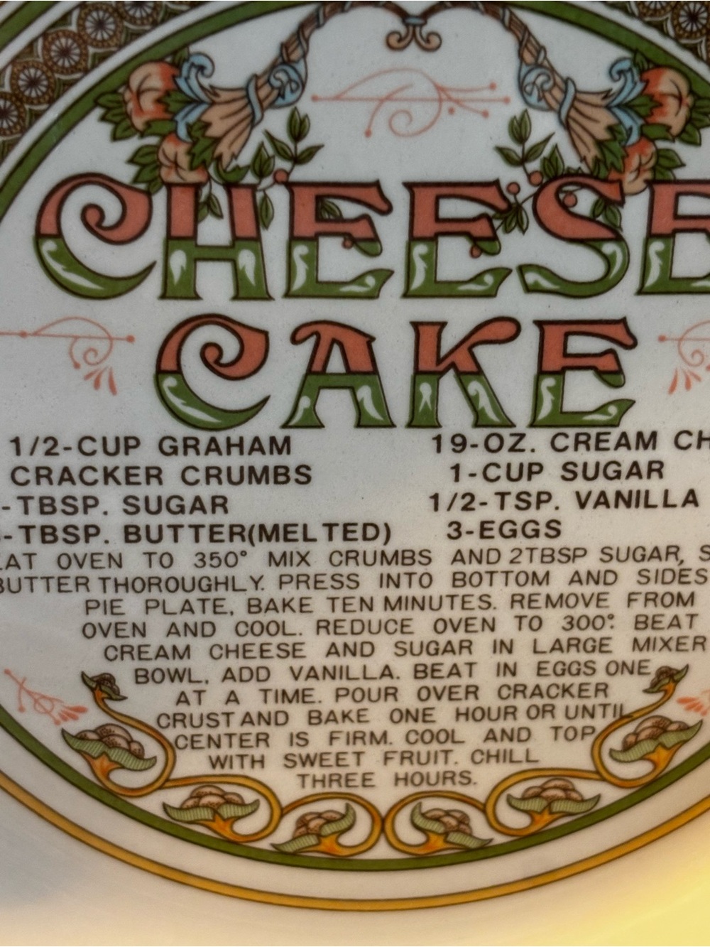 Vintage Cheesecake Pie Pan Dish - Printed Recipe Vintage Ceramic Pie Plate 10" - Picture 3 of 7